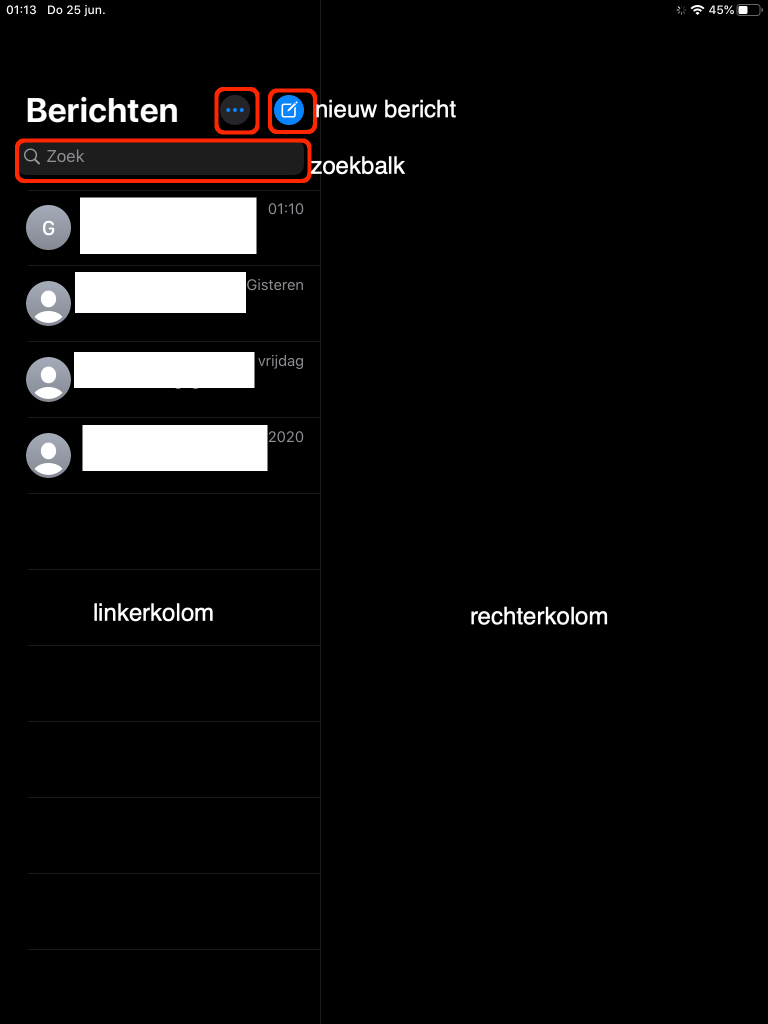 Een overzicht van de functies in de Berichten app op de iPad.